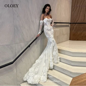 OLOEY, изысканные свадебные платья с кружевом Русалки и цветочным рисунком, длинные рукава со шлейфом, Элегантные свадебные платья Robe de mariee