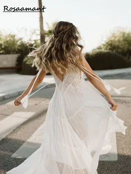 Элегантное свадебное платье в стиле бохо, Женские пляжные аппликации, свадебное платье Vestido De Noiva, шифоновые бретельки на тонких бретелях, V-образный вырез, открытая спина