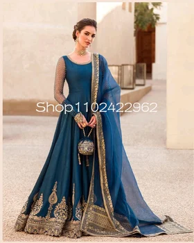 Темно-синие Пакистанские платья-кафтаны с длинным рукавом для выпускного вечера с накидкой-вуалью, Аппликацией из золотого бисера, Арабский Мусульманский Кафтан, вечернее платье
