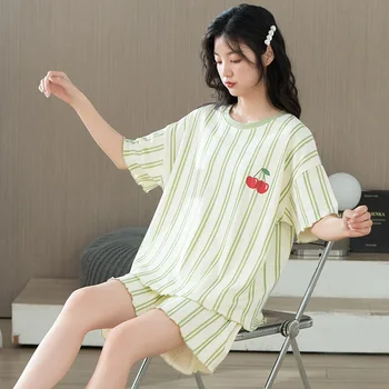 Женский летний пижамный комплект с короткими рукавами в зеленую полоску из 100% хлопка с вишневым принтом, удобная ночная рубашка свободного кроя H-образной формы