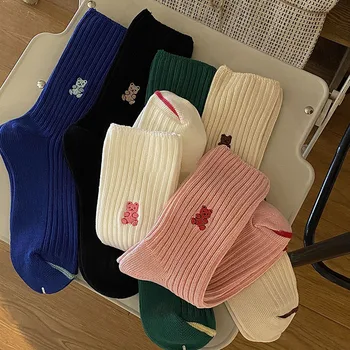 Высококачественные японские хлопчатобумажные носки с вышивкой Маленького медведя Для женщин, белые милые повседневные носки, Модные носки Jk