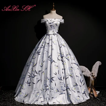 Аньсинь Ш принцессы белого атласа с цветочным принтом с вырезом лодочкой без рукавов партии бисером бантик невеста хозяина бальное платье вечернее платье