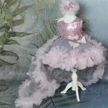 Фиолетовое платье для девочки в цветочек, Милая пушистая тюлевая кружевная аппликация с блестками, без рукавов, подарок ребенку на День рождения, Причастие, платье для выпускного вечера