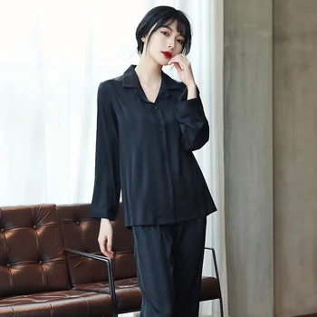 Женский черный комплект для сна, атласная пижама, полосатый комплект для сна, рубашка с длинным рукавом и брюки, женский повседневный пижамный костюм, домашняя одежда