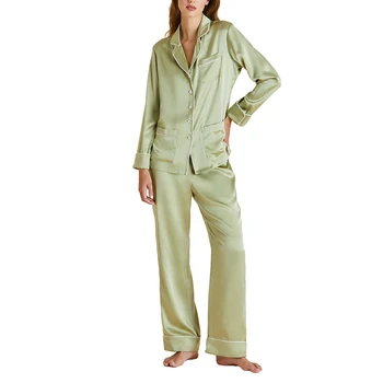 Женская атласная пижама, однотонные рубашки с длинными рукавами и эластичными брюками на пуговицах, одежда для отдыха, мягкая одежда для сна