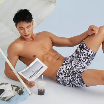 Новые мужские плавки-боксеры Seobean, летние модные мужские эластичные плавки с длинным принтом