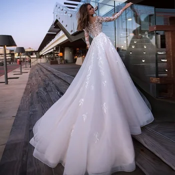Высококачественные Белые кружевные свадебные платья с длинным рукавом 2024, роскошные объемные аппликации, придворный шлейф, Винтажное платье для невесты трапециевидной формы, Торжественное мероприятие