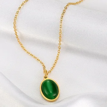 Модный темперамент ins, модный овальный кулон с зеленым цирконием для женщин, универсальное ожерелье из нержавеющей стали в стиле колледжа, цепочка