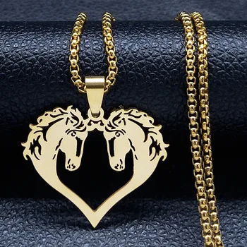 Модное ожерелье с сердцем из двойной лошадиной головы из нержавеющей стали Золотого цвета, цепочка для животных, ожерелье с подвеской, пара ювелирных изделий