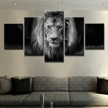 5 штук Черно-белого натурального льва, холст, настенная художественная живопись, плакат, картины, HD печать, без рамки, 5 панелей домашнего декора