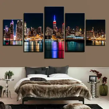 Ночной горизонт Нью-Йорка, холст, настенный художественный плакат, домашний декор, 5 панелей, HD Печать, 5 предметов, картины для декора комнаты, картинки