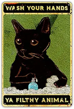 Забавная цитата из черного кота в ванной, Металлическая жестяная вывеска, настенный арт-декор в стиле ретро, вымой руки, Грязное животное, вывеска для домашнего декора ванной комнаты