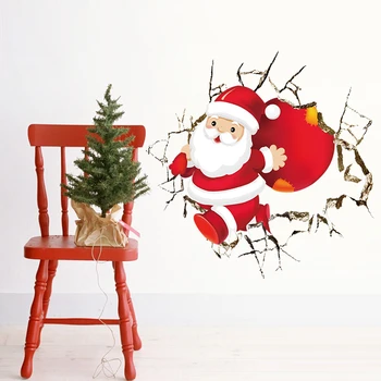 Мультяшный Санта-Клаус 3d Наклейка с разбитой дырой на стену для украшения детской комнаты, наклейка на стену с изображением Деда Мороза, Рождественский подарок