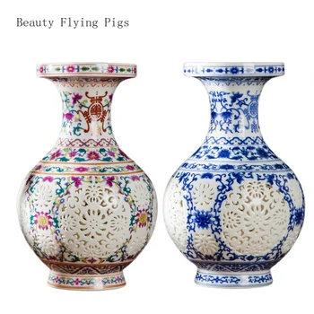 Поделки из розового, синего и белого фарфора Цзиндэчжэнь, полые маленькие вазы, цветочная композиция в гостиной, украшение полки в стиле Бо Гу