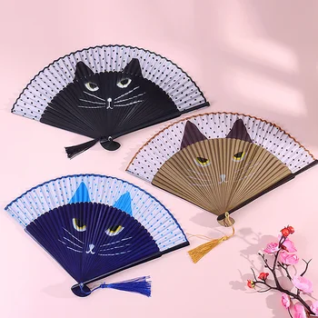 Шелковые веера с китайским рисунком кота, модные ручные веера в японском стиле, популярный ручной складной веер Lovely Kitty, женские веера для шоу девочек