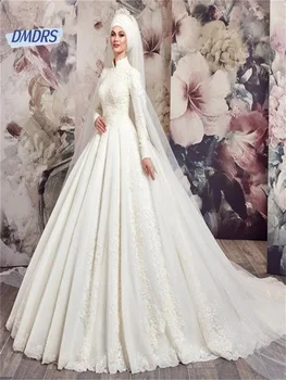 Мусульманское кружевное свадебное платье трапециевидной формы, Роскошное свадебное платье в пол с длинным рукавом, Элегантное Vestidos De Novia