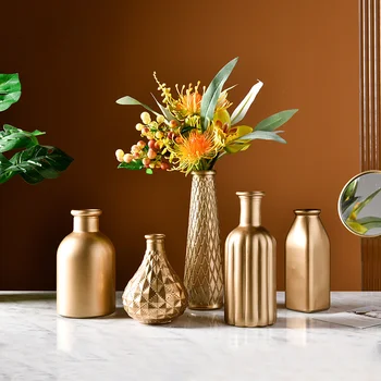 Современное простое украшение дома, гостиной, крыльца, Золотая стеклянная ваза, Настольная цветочная композиция, украшение контейнера