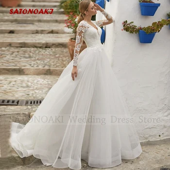 Элегантные Свадебные Платья в стиле Бохо с V-образным вырезом и Кружевами для Женщин, Трапециевидное Платье Принцессы Невесты с Аппликацией и Длинным Рукавом, Vestidos De Novia Robe Mariée