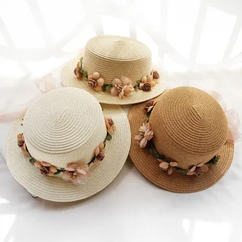 Простая летняя пляжная шляпа для родителей и детей, женская повседневная панама, женская брендовая женская соломенная кепка с цветочным оформлением, солнцезащитная шляпа для девочек