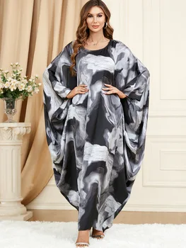 Мусульманское Платье Женский Удобный Халат Femme Musulim Arab Элегантный Свободный Черный Принт Рукав Летучая Мышь Круглый Вырез Длинный Халат Абая Для Женщин