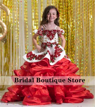 Красные мини-платья Quinceanera, бальное платье с аппликацией в виде банта, кристаллы, жемчуг, бусы, платья для девочек-цветочниц на свадьбу, Милое детское платье
