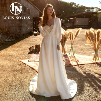 LOUIS NOVIAS Атласные свадебные платья для женщин 2023 с длинными рукавами-фонариками, свадебное платье трапециевидной формы с хрустальным шлейфом, Vestidos De Novia