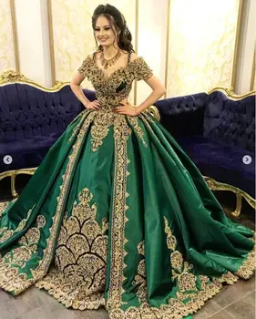 Изумрудно-зеленый кафтан из двух частей, платья для выпускного вечера с открытыми плечами, Золотая аппликация из бисера, Тунисское Арабское вечернее платье