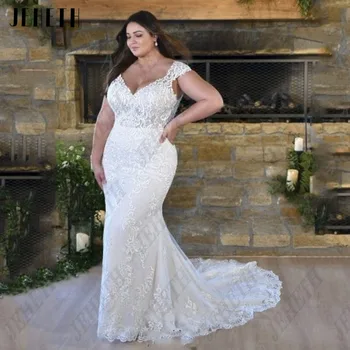 JEHETH Изысканное свадебное платье с короткими рукавами, плюс размер, V-образный вырез, молния сзади, платья невесты-Русалки, Кружевная аппликация, vestidos de novia