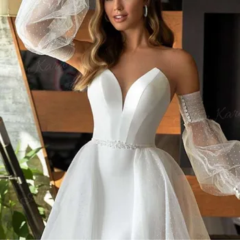 Лаконичное свадебное платье Русалки, винтажное атласное платье невесты, пляжная принцесса, плюс размер, с пышными рукавами 2023