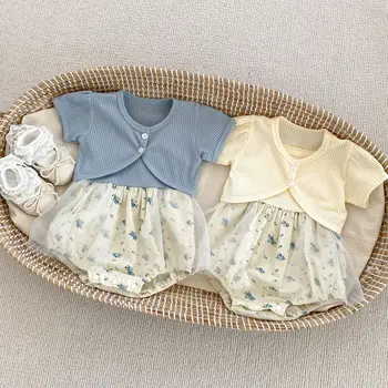 Комплект Летней одежды для новорожденных девочек: Цельное боди с цветочным принтом, Сетчатое лоскутное шитье, Однотонное пальто - 2 шт. для младенцев 0-24 м