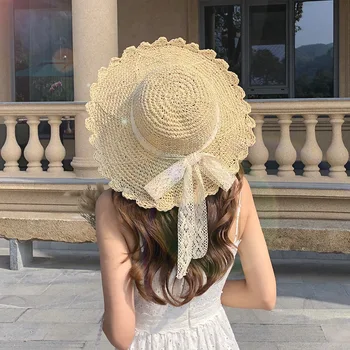 Женская летняя шляпа, складная соломенная шляпа с кружевной отделкой для девочек, повседневная шляпа с широкими полями для путешествий на открытом воздухе, Пляжная солнцезащитная шляпа