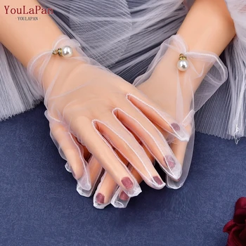 Женская перчатка YouLaPan из прозрачного тюля, расшитая жемчугом, Белая сетчатая перчатка для пальцев, Аксессуары для свадебной вечеринки, свадебный стиль, Белый vm03