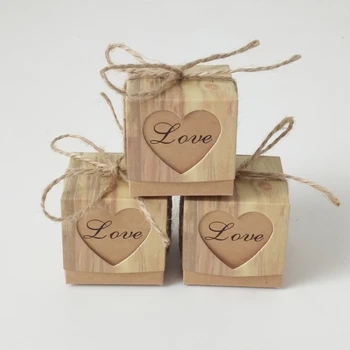 50шт Коробка конфет Свадебные влюбленные сердечки из деревенской Крафт-бумаги с корой из мешковины и шпагата Винтажная упаковка для свадебных подарков Подарочные коробки
