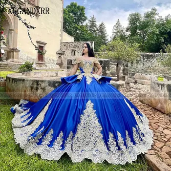 Роскошное Синее Пышное Платье 2024 Принцесса Выпускного Вечера Бальное Платье Милая 16 XV Лет Мисс Платье На День Рождения С Длинным Шлейфом Конкурс Красоты Мексиканский