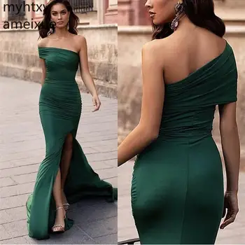 Вечерние платья Темно-зеленого цвета, вечерние платья больших размеров для женщин, шлейф на одно плечо, Русалка, плиссированный простой выпускной халат De Soiree