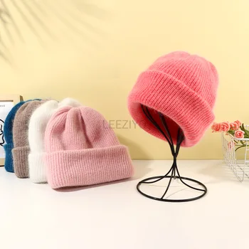 Мужские и женские зимние шапки, модные вязаные шапочки из кроличьего меха, двухслойная теплая и дышащая шапка