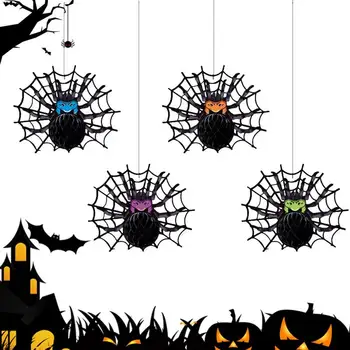 Декор для Хэллоуина в виде сот, 4шт, Летучая мышь-паук, 3D Подвеска в виде сот, Бумажные украшения, Украшения для Хэллоуина, Многоразовые Украшения для вечеринки