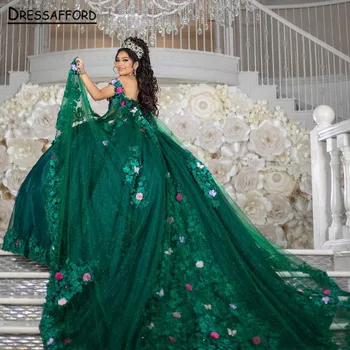 Зеленые Мексиканские пышные платья Ручной работы с 3D цветочной аппликацией, Вечерние платья принцессы на День рождения, Сладкие 15-16 Бальные платья Vestidos XV Años