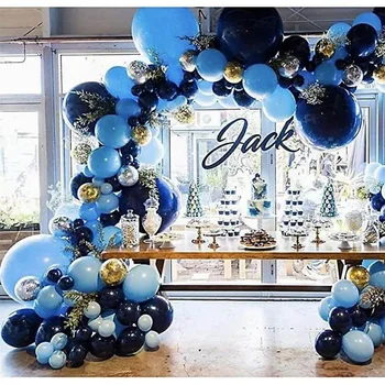 Очаровательный темно-синий комплект арки из воздушных шаров с серебряными шариками конфетти для украшения детского душа и празднования Дня рождения мальчика.