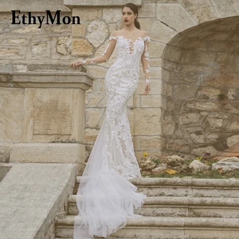 Роскошное свадебное платье Ethymon в стиле русалки с широкими рукавами, аппликации, шлейф из кисточки, Иллюзионный тюль для невест 2023 Abito Da Sposa