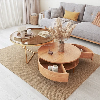Журнальные столики из массива дерева в Скандинавском стиле Современная мебель для гостиной Домашний приставной столик для гостиной Легкий Роскошный Креативный Стеклянный Круглый стол