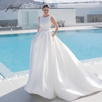 Fmogl Сексуальное винтажное свадебное платье из матового атласа с открытой спиной, роскошный круглый вырез, расшитый бисером, жемчуг, пояса, придворный шлейф, платье невесты Трапециевидной формы