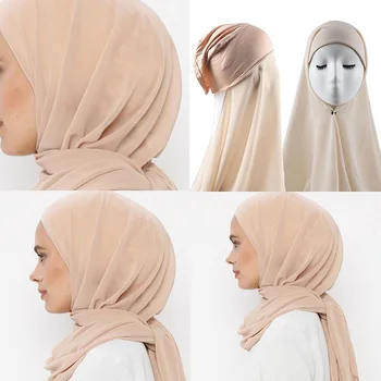 Однотонный шифоновый хиджаб с внутренним трикотажем, кепки Moadal, Длинный шарф, комплект под кепку в тон.
