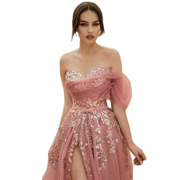 Розовые аппликации Трапециевидной формы, Тюлевое платье для выпускного вечера, вечерние платья на бретелях с одним плечом, сексуальные вечерние платья с высоким разрезом.