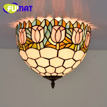 Витражное стекло FUMAT Tiffany Tulip, 16-дюймовый светильник скрытого монтажа, деко для столовой, спальни, прихожей, потолочный светильник