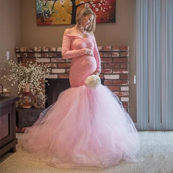 Модное Розовое кружевное платье для беременных для фотосессии, евро-американские платья для беременных, вечернее платье из пышного тюля с длинным рукавом, платье для вечеринки