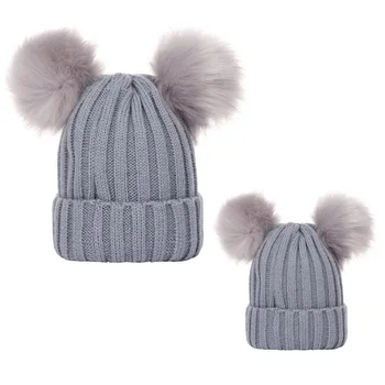 2 комплекта шапок для родителей и детей, осенне-зимний детский пуловер с резьбой, вязаная шапка с двойным шерстяным шариком, пуловер