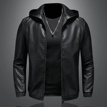Осенняя мужская куртка из искусственной кожи с капюшоном, Модные черные Мотоциклетные Кожаные пальто, Высококачественная Повседневная уличная одежда на молнии, Верхняя одежда 2023
