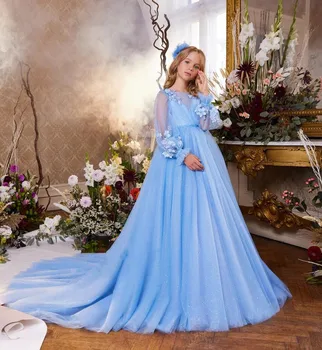 Синее свадебное платье трапециевидной формы для девочек, прозрачное платье для первого причастия с V-образным вырезом и длинным рукавом, детское платье для особого случая