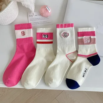 Осенне-зимние Дизайнерские носки Kawaii, хлопковые носки в розовую полоску, Harajuku, Средняя трубка, Милые носки, спортивные женские носки с буквами